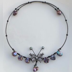 N32-Handmade Flower Petal Pearl And Black Obsidian Butterfly Necklace
